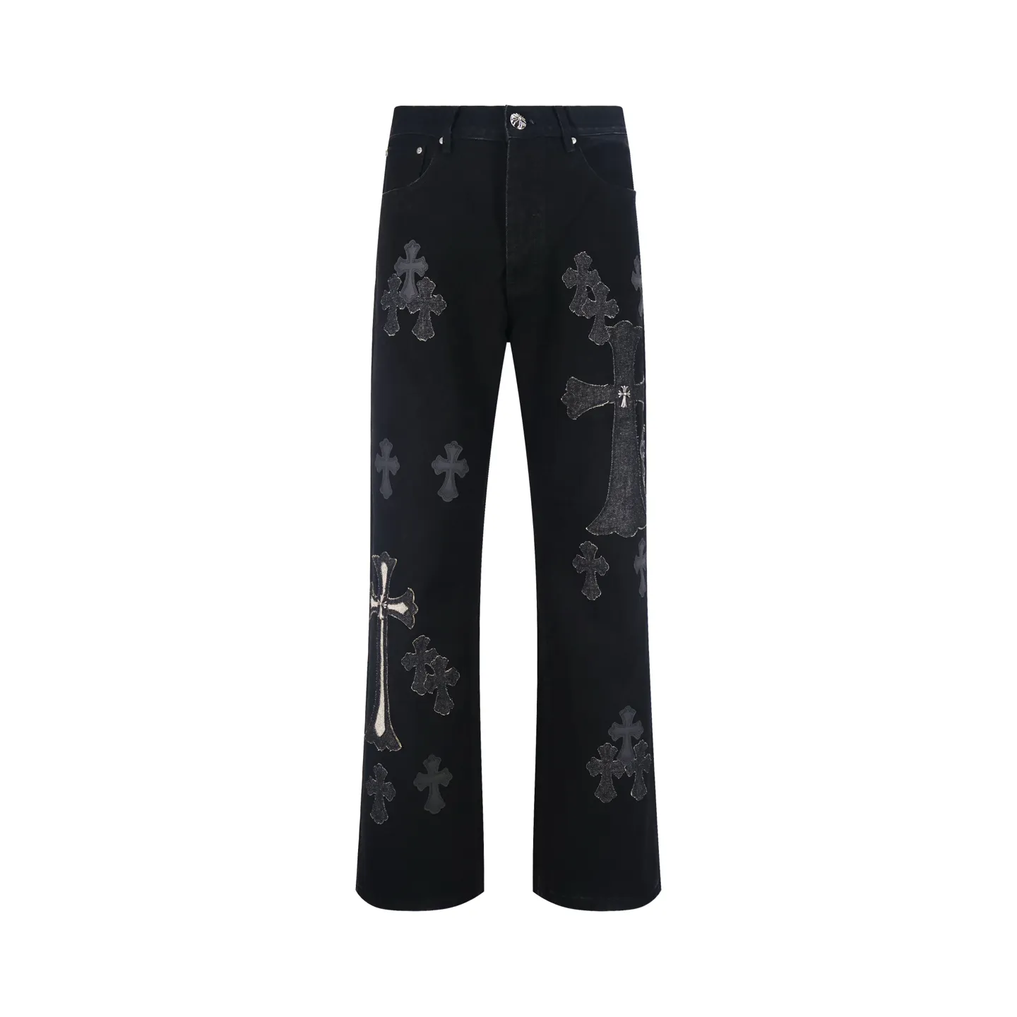 🅿️800 [Exclusive supply] CH Crow Heart Cow King Jeans (Black) Use genuine levis502 as the base plate. Purchase the original version at 5W. Heavy washing, frayed and distressed, customized cowhide cross. After dyeing, it will be fixed and will not fade. Fully right-angle fit hand embroidery thread, a total of 5 small silver nails on the whole body, 1 silver medal, 5 Cross Scout flower buttons. The silver content is 85%. It is not made of 925 silver because the silver content is too high and it will easily turn black and oxidize, which affects the appearance. The printing adopts the garment screen water slurry printing process. Size:32/34/36/38